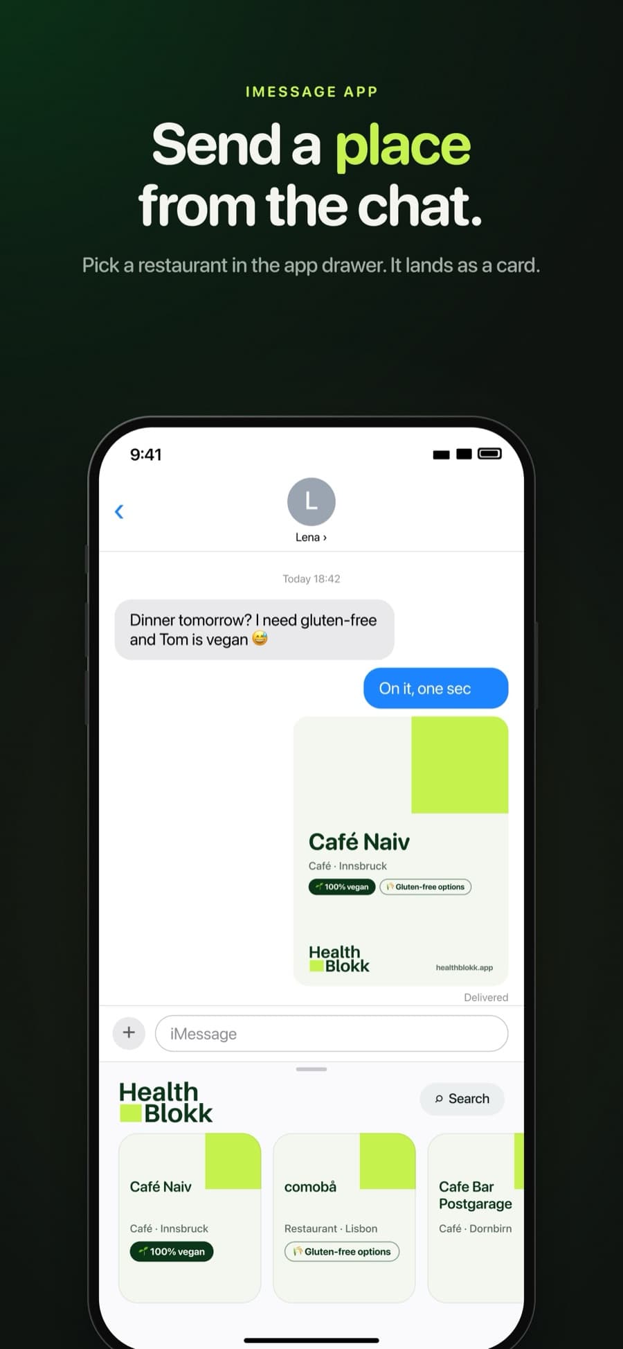 Eine HealthBlokk-Ortskarte in einem Nachrichten-Chat